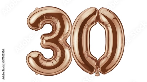 A golden balloon with the numbers 30 in a font isolated on white.