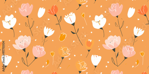 Seamless pattern of pink, orange, and white flowers on an orange background.