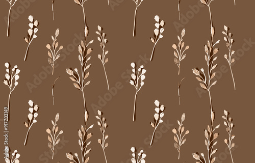 Minimalist seamless pattern with golden floral sprigs on brown background. The sprigs are arranged in a symmetrical pattern, creating a visually appealing and sophisticated design.