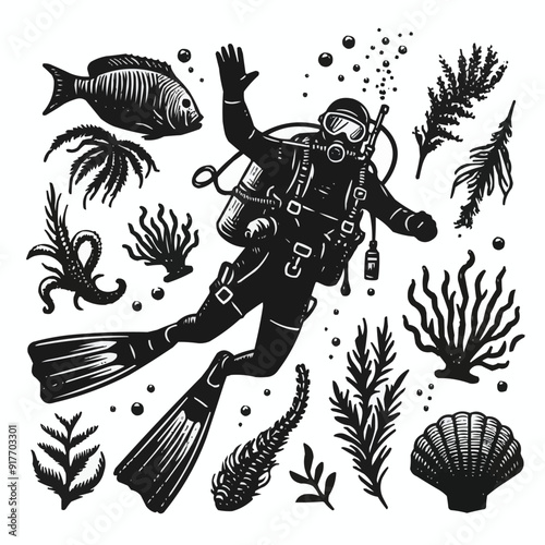 hand drawn scuba diver silhouette