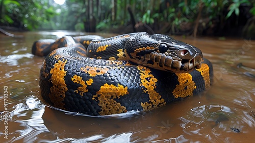 Massive anaconda coiled on riverbank, rainforest 