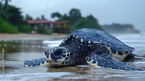 Massive leatherback sea turtle on nesting beach 