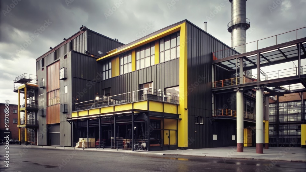 Modern Industrial Building with Yellow Accents - This image showcases a modern industrial building with yellow accents, highlighting its contemporary design and functional features. The building's sl Modern Industrial Building with Yellow Accents - This image showcases a modern industrial building with yellow accents, highlighting its contemporary design and functional features. The building's sl