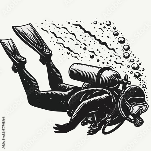 hand drawn scuba diver silhouette