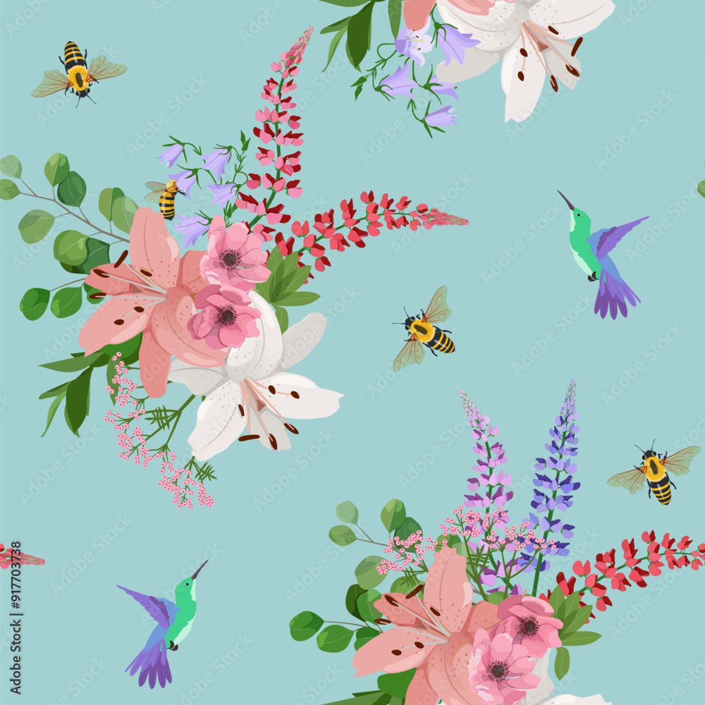 Seamless vector illustration with lupines, lily, bell flowers, hummingbirds and bees on a blue background. To decorate textiles, packaging. Seamless vector illustration with lupines, lily, bell flowers, hummingbirds and bees on a blue background. To decorate textiles, packaging.