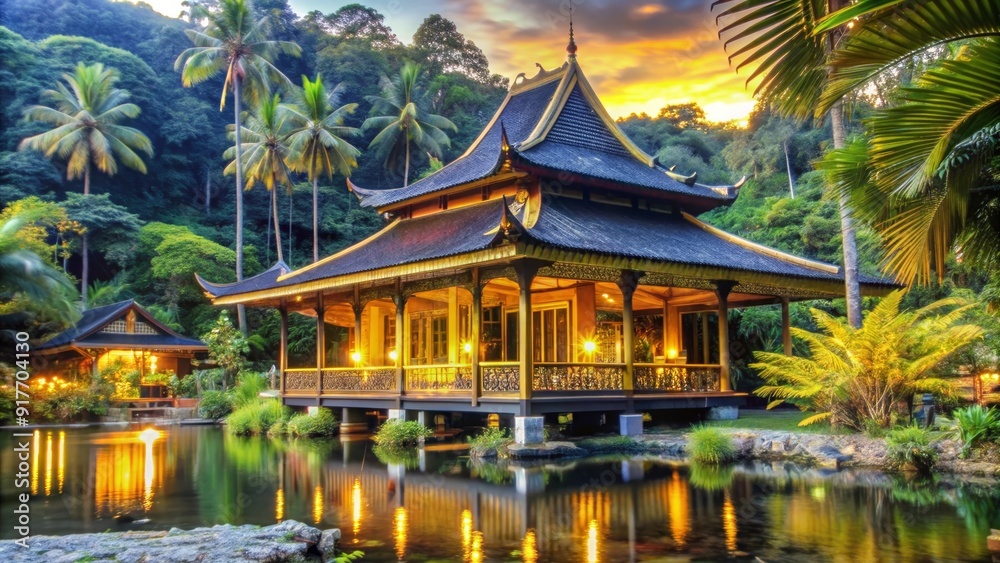 Naklejka premium Tranquil Asian Pavilion by a Serene Pond at Sunset - A traditional Asian pavilion with a wooden structure and golden accents stands peacefully by a serene pond. Palm trees and lush greenery create a t