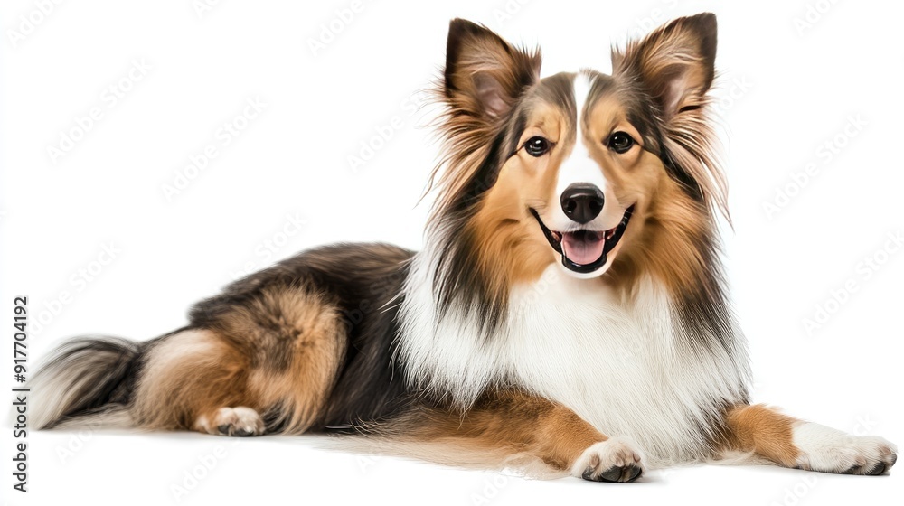 A cheerful Shetland Sheepdog lying down, smiling and isolated on a transparent background, perfect for promoting pet care products. A cheerful Shetland Sheepdog lying down, smiling and isolated on a transparent background, perfect for promoting pet care products.