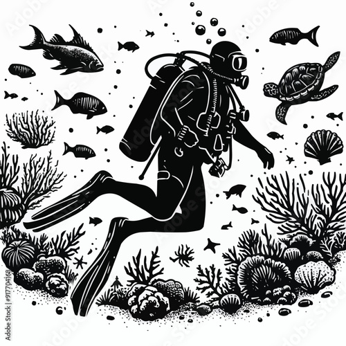 hand drawn scuba diver silhouette