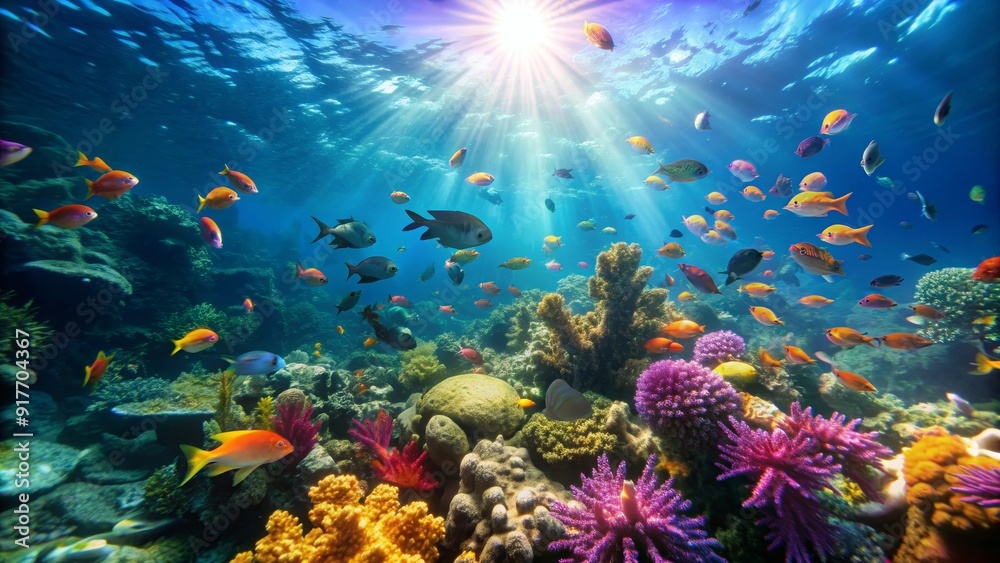 Fototapeta premium Vibrant Coral Reef with Tropical Fish and Sunbeams - A breathtaking underwater scene with vibrant coral reefs, colorful tropical fish, and sunbeams piercing through the clear water, symbolizing the be