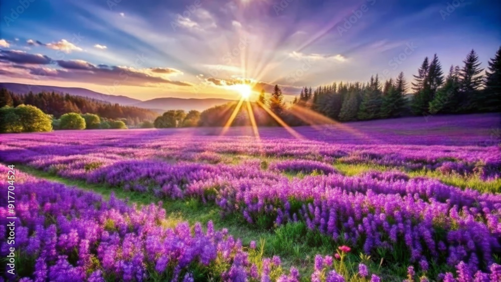 Obraz premium Sunrise over Lavender Field in the Mountains - A beautiful sunrise over a field of lavender flowers in the mountains. The scene is peaceful and serene, symbolizing new beginnings, tranquility, beauty,