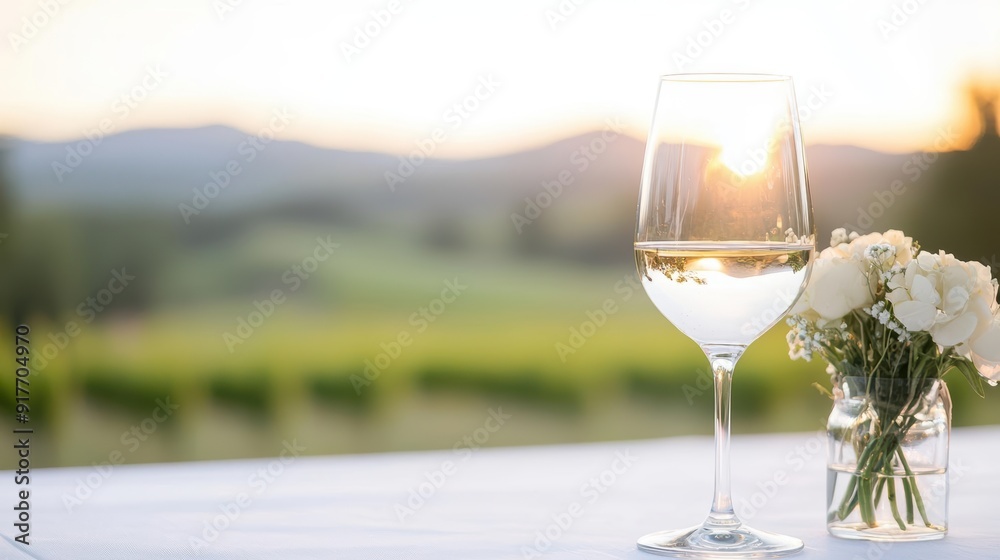 A scenic view featuring a glass of white wine, illuminated by sunset, complemented by a delicate flower arrangement. A scenic view featuring a glass of white wine, illuminated by sunset, complemented by a delicate flower arrangement.