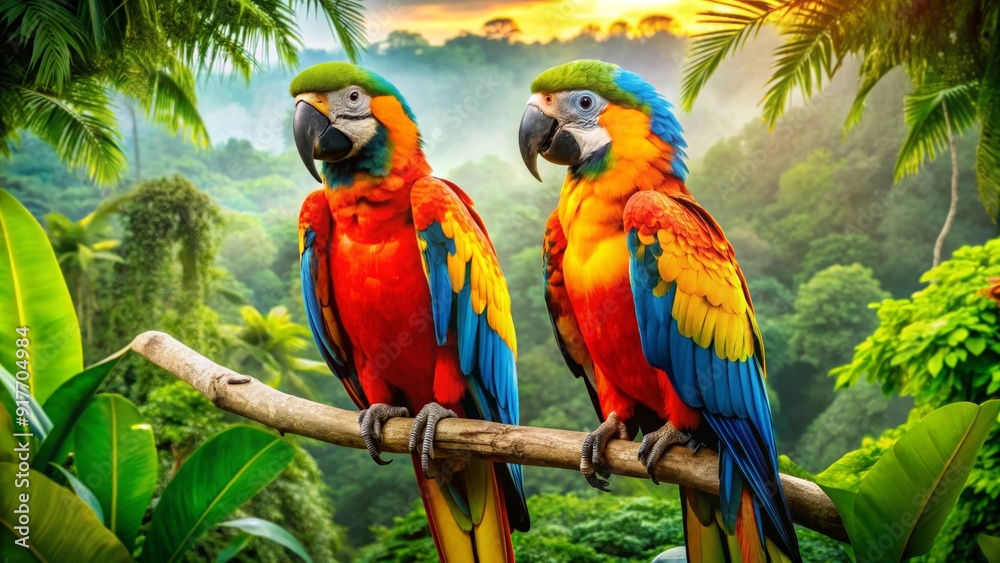 Colorful Macaws Perched on a Branch in a Lush Rainforest - Two vibrant macaws, one red and blue and the other yellow and blue, sit on a branch in a lush rainforest, showcasing the beauty of nature and Colorful Macaws Perched on a Branch in a Lush Rainforest - Two vibrant macaws, one red and blue and the other yellow and blue, sit on a branch in a lush rainforest, showcasing the beauty of nature and