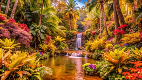 Tranquil Tropical Paradise with Cascading Waterfall - A serene tropical garden with lush foliage, vibrant flowers, and a cascading waterfall flowing into a crystal-clear pond. The scene symbolizes tra photo