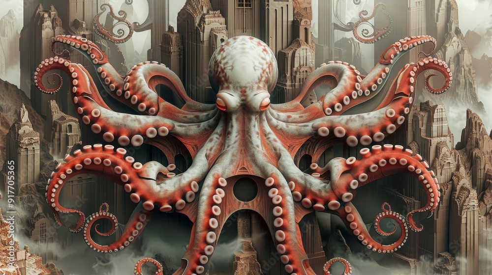 Fototapeta premium Giant Octopus Overlooking a City in the Clouds