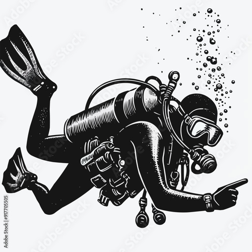 hand drawn scuba diver silhouette