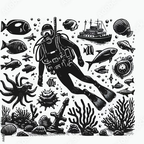 hand drawn scuba diver silhouette