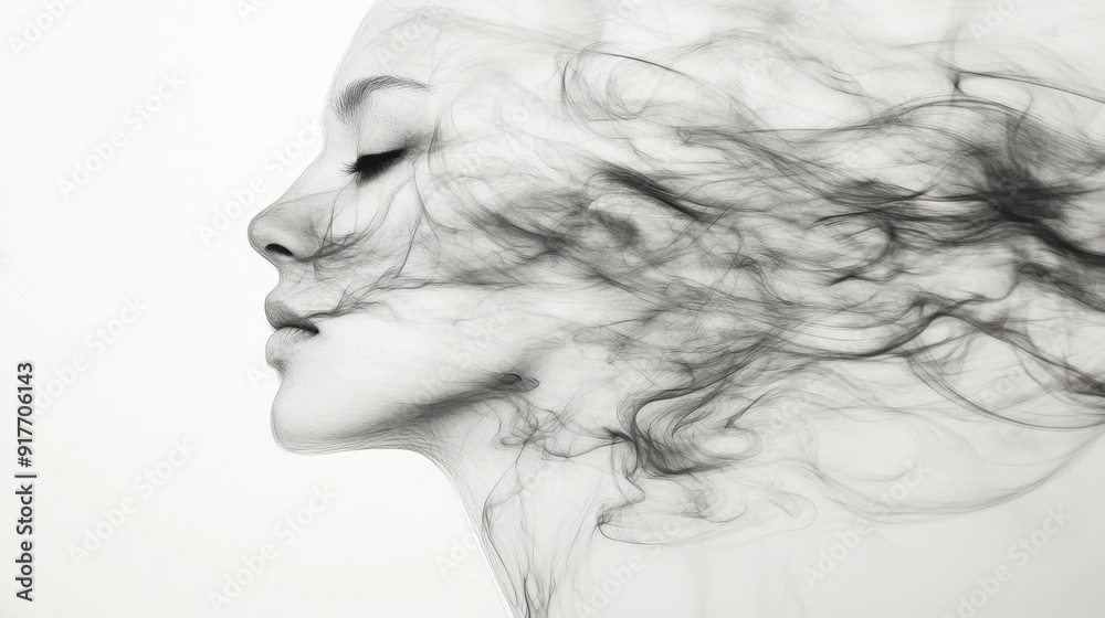 A captivating portrait of a woman's profile, enveloped in ethereal smoke, evokes a sense of mystery, introspection, and the ephemeral nature of life. A captivating portrait of a woman's profile, enveloped in ethereal smoke, evokes a sense of mystery, introspection, and the ephemeral nature of life.