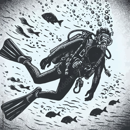 hand drawn scuba diver silhouette