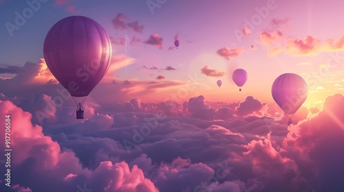 A brilliant evening sky with purple balloons soaring amidst fluffy clouds