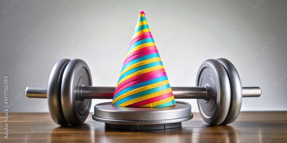 colorful birthday hat on heavy dumbbell
