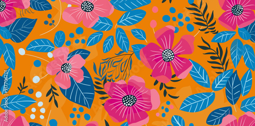 Seamless Pattern of Bright Pink and Blue Flowers and Leaves on an Orange Background.