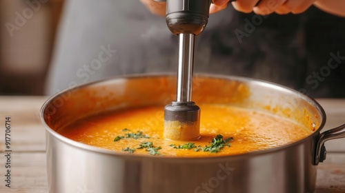 Home cook using immersion blender in soup pot, closeup, cozy kitchen photo