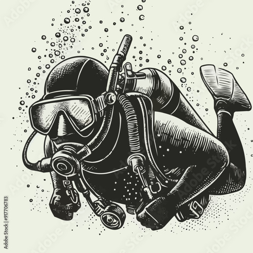 hand drawn scuba diver silhouette