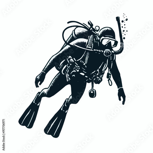 hand drawn scuba diver silhouette