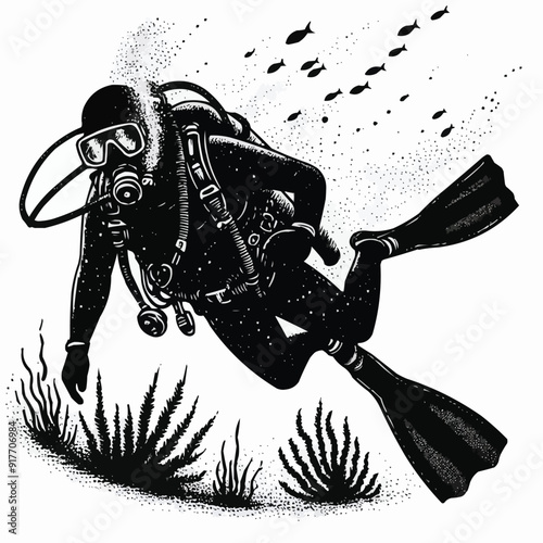 hand drawn scuba diver silhouette