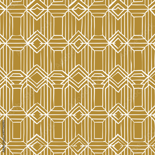 A seamless pattern featuring a geometric design of overlapping squares and diamonds in white on a mustard yellow background.