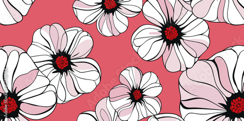 A vibrant and delicate pattern of pink and white flowers with red centers against a coral pink background. The flowers are drawn in a stylized fashion, creating a bold and graphic feel.