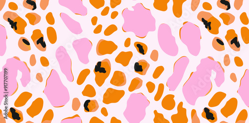 Abstract seamless pattern with pink, orange and black spots on white background. This design can be used for various purposes such as fashion prints, wallpapers, wrapping paper, and more.