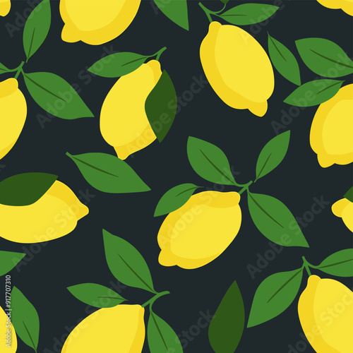Seamless pattern of bright yellow lemons and green leaves on a dark background. Perfect for creating a cheerful and summery design for kitchen décor, fabrics, wallpaper, or wrapping paper.