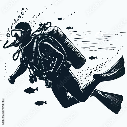 hand drawn scuba diver silhouette