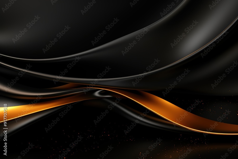 Fototapeta premium Abstract black and gold background with swirling shapes and glowing particles.