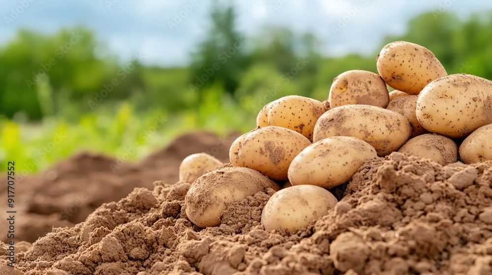 Freshly harvested potatoes resting on fertile soil, showcasing earthy textures and natural beauty in a rural landscape. Freshly harvested potatoes resting on fertile soil, showcasing earthy textures and natural beauty in a rural landscape.