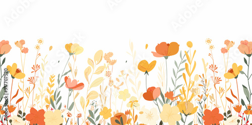 A vibrant floral border featuring a medley of orange yellow and white flowers set against a pristine white background This whimsical design captures the essence of blooming beauty and serves as a perf