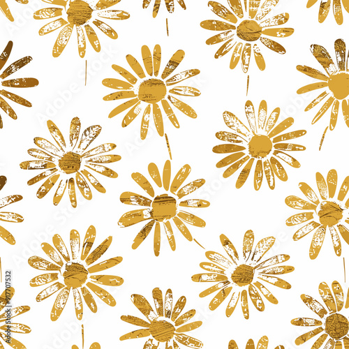 Seamless pattern with gold daisy flowers on a white background. This decorative pattern is perfect for creating a sophisticated and elegant design for a variety of applications.