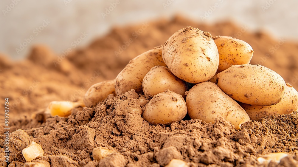 Freshly harvested potatoes resting on brown soil, showcasing their earthy texture and natural appeal for culinary use. Freshly harvested potatoes resting on brown soil, showcasing their earthy texture and natural appeal for culinary use.