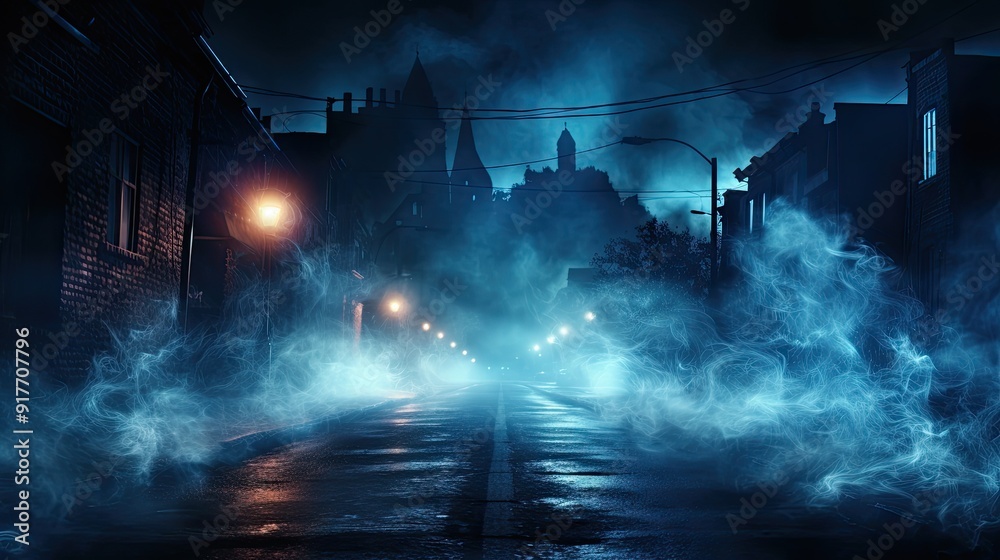 Asphalt blue dark street with smoke. Rays, Asphalt blue dark street with smoke. Rays,