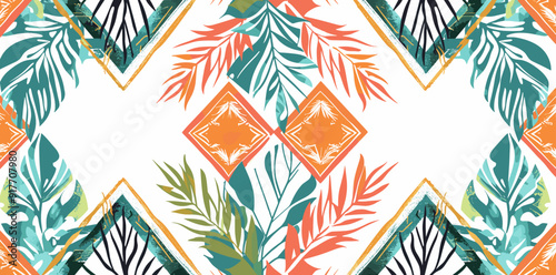 Abstract tropical pattern with geometric shapes and foliage.  Tropical leaves, orange and green color palette,  pattern for design and fashion.