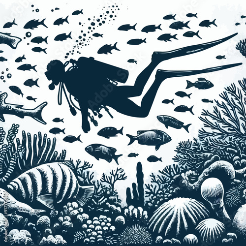 hand drawn scuba diver silhouette