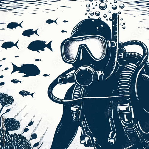 hand drawn scuba diver silhouette