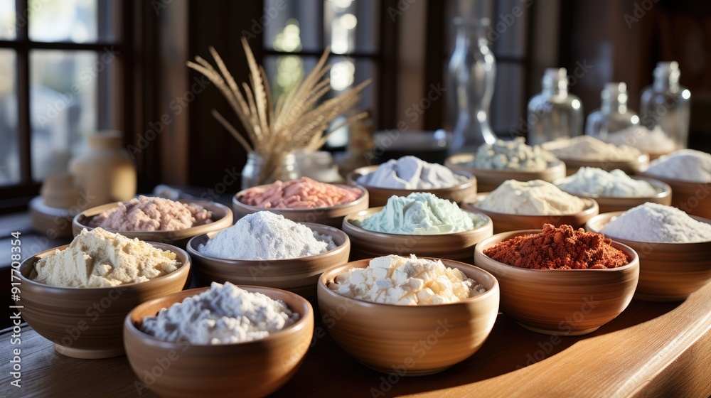 Assorted flour filled bowls on a timber surface seen from above Assorted flour filled bowls on a timber surface seen from above
