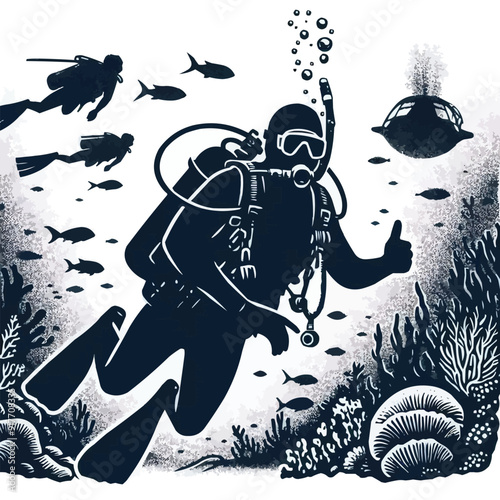 hand drawn scuba diver silhouette