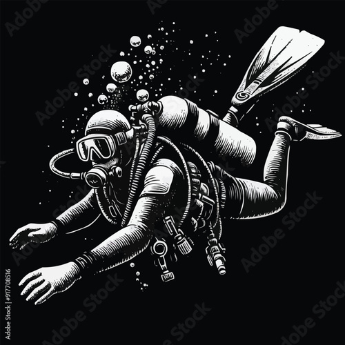 hand drawn scuba diver silhouette