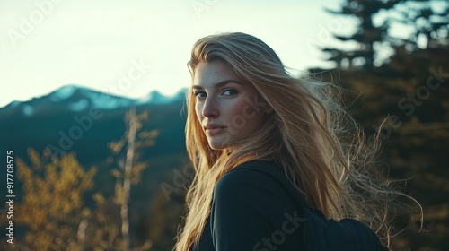 Portrait of a Beautiful Blonde Canadian Woman with Long Hair Hiking on a Mountain, Looking at the Camera, Captured with Professional Studio Lighting and Cinematic Quality, Featuring Stunning Natural S