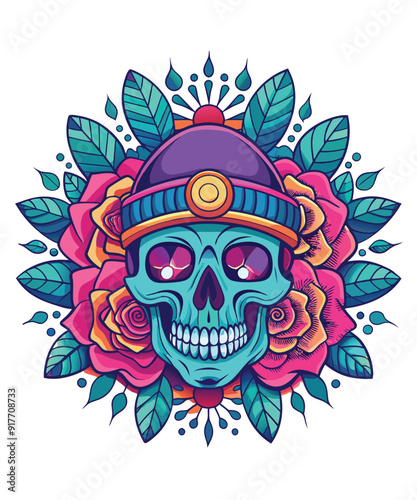 "Vivid Skull Graphic T-Shirt: Black Tee with Teal-Pink Beanie and Floral Detailing"