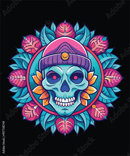 "Vivid Skull Graphic T-Shirt: Black Tee with Teal-Pink Beanie and Floral Detailing"