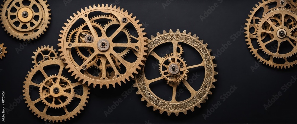 Intricate decorative clockwork gears on a black background, perfect for steampunk themes Intricate decorative clockwork gears on a black background, perfect for steampunk themes